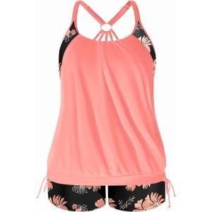 imageHolipick Plus Size Tankini Swimsuits for Women Two Piece Tummy Control Bathing Suit Blouson Tankini Top with ShortsOrange Floral