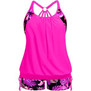 imageHolipick Plus Size Tankini Swimsuits for Women Two Piece Tummy Control Bathing Suit Blouson Tankini Top with ShortsPink Floral