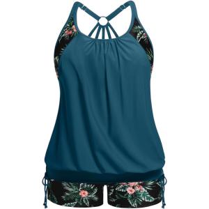 imageHolipick Plus Size Tankini Swimsuits for Women Two Piece Tummy Control Bathing Suit Blouson Tankini Top with ShortsTeal and Floral