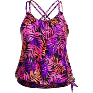 imageHolipick Plus Size Tankini Tops for Women Blouson Tummy Control Swim top Loose Fit Bathing Suit Top No BottomPurple Pink Leaves