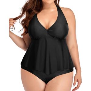 imageHolipick Plus Size Two Piece Swimsuits High Waisted Bathing Suits for Women Halter Tankini Top with BottomsBlack