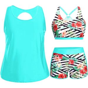 imageHolipick Women Plus Size 3 Piece Tankini Swimsuits Tummy Control Bathing Suits with Boy Shorts Tank Top with Sports BraAqua Blue and Floral