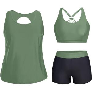imageHolipick Women Plus Size 3 Piece Tankini Swimsuits Tummy Control Bathing Suits with Boy Shorts Tank Top with Sports BraArmy Green