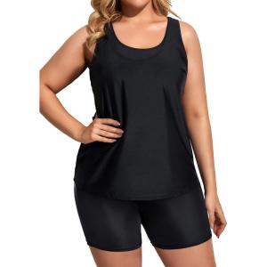 imageHolipick Women Plus Size 3 Piece Tankini Swimsuits Tummy Control Bathing Suits with Boy Shorts Tank Top with Sports BraBlack 1