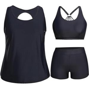 imageHolipick Women Plus Size 3 Piece Tankini Swimsuits Tummy Control Bathing Suits with Boy Shorts Tank Top with Sports BraBlack