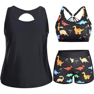 imageHolipick Women Plus Size 3 Piece Tankini Swimsuits Tummy Control Bathing Suits with Boy Shorts Tank Top with Sports BraBlack Dinosaur