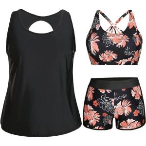 imageHolipick Women Plus Size 3 Piece Tankini Swimsuits Tummy Control Bathing Suits with Boy Shorts Tank Top with Sports BraBlack Floral