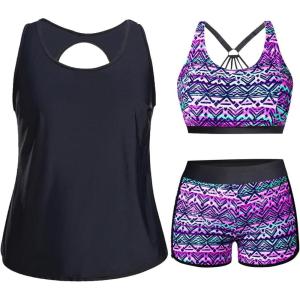 imageHolipick Women Plus Size 3 Piece Tankini Swimsuits Tummy Control Bathing Suits with Boy Shorts Tank Top with Sports BraBlack Purple Tribal