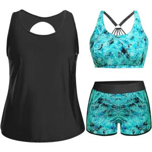 imageHolipick Women Plus Size 3 Piece Tankini Swimsuits Tummy Control Bathing Suits with Boy Shorts Tank Top with Sports BraBlack With Blue Paisley