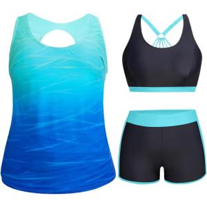 imageHolipick Women Plus Size 3 Piece Tankini Swimsuits Tummy Control Bathing Suits with Boy Shorts Tank Top with Sports BraBlue Gradient