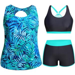 imageHolipick Women Plus Size 3 Piece Tankini Swimsuits Tummy Control Bathing Suits with Boy Shorts Tank Top with Sports BraBlue Leaves