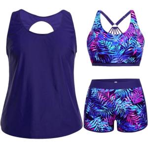 imageHolipick Women Plus Size 3 Piece Tankini Swimsuits Tummy Control Bathing Suits with Boy Shorts Tank Top with Sports BraBlue Purple Leaves