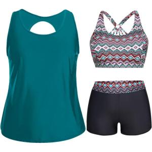 imageHolipick Women Plus Size 3 Piece Tankini Swimsuits Tummy Control Bathing Suits with Boy Shorts Tank Top with Sports BraGreen Geometric