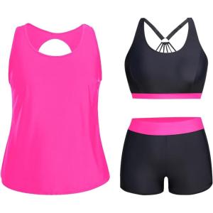 imageHolipick Women Plus Size 3 Piece Tankini Swimsuits Tummy Control Bathing Suits with Boy Shorts Tank Top with Sports BraHot Pink