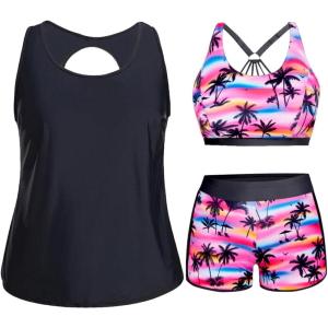 imageHolipick Women Plus Size 3 Piece Tankini Swimsuits Tummy Control Bathing Suits with Boy Shorts Tank Top with Sports BraPink Coconut Tree