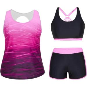 imageHolipick Women Plus Size 3 Piece Tankini Swimsuits Tummy Control Bathing Suits with Boy Shorts Tank Top with Sports BraPink Gradient