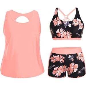 imageHolipick Women Plus Size 3 Piece Tankini Swimsuits Tummy Control Bathing Suits with Boy Shorts Tank Top with Sports BraPink Orange Floral