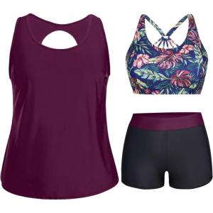 imageHolipick Women Plus Size 3 Piece Tankini Swimsuits Tummy Control Bathing Suits with Boy Shorts Tank Top with Sports BraPurple Floral