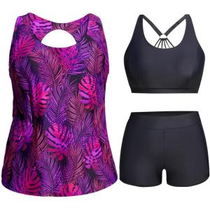 imageHolipick Women Plus Size 3 Piece Tankini Swimsuits Tummy Control Bathing Suits with Boy Shorts Tank Top with Sports BraPurple Leaf
