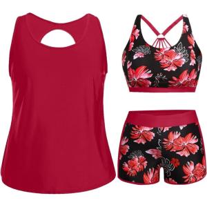 imageHolipick Women Plus Size 3 Piece Tankini Swimsuits Tummy Control Bathing Suits with Boy Shorts Tank Top with Sports BraRed Flowers