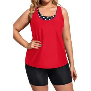 imageHolipick Women Plus Size 3 Piece Tankini Swimsuits Tummy Control Bathing Suits with Boy Shorts Tank Top with Sports BraRed and Dot