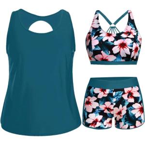imageHolipick Women Plus Size 3 Piece Tankini Swimsuits Tummy Control Bathing Suits with Boy Shorts Tank Top with Sports BraTeal Flower