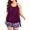 imageHolipick Women Plus Size Two Piece Tankini Swimsuit Tummy Control Bathing Suits Blouson Tankini Top with Boy ShortsPurple Leaf