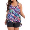 imageHolipick Women Plus Size Two Piece Tankini Swimsuit Tummy Control Bathing Suits Blouson Tankini Top with Boy ShortsPurple Striped