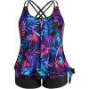 imageHolipick Women Plus Size Two Piece Tankini Swimsuit Tummy Control Bathing Suits Blouson Tankini Top with Boy ShortsBlue Leaves