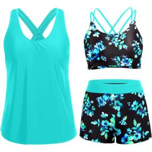 imageHolipick 3 Piece Tankini Swimsuits for Women Tummy Control Bathing Suits Swim Tank Top with Bra Boy Shorts Teen SwimwearAqua and Blue