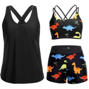 imageHolipick 3 Piece Tankini Swimsuits for Women Tummy Control Bathing Suits Swim Tank Top with Bra Boy Shorts Teen SwimwearBlack Dinosaur