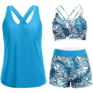 imageHolipick 3 Piece Tankini Swimsuits for Women Tummy Control Bathing Suits Swim Tank Top with Bra Boy Shorts Teen SwimwearBlue Leaf