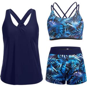 imageHolipick 3 Piece Tankini Swimsuits for Women Tummy Control Bathing Suits Swim Tank Top with Bra Boy Shorts Teen SwimwearBlue Leaves