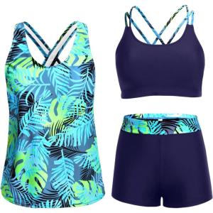imageHolipick 3 Piece Tankini Swimsuits for Women Tummy Control Bathing Suits Swim Tank Top with Bra Boy Shorts Teen SwimwearBlue Leaves1