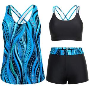 imageHolipick 3 Piece Tankini Swimsuits for Women Tummy Control Bathing Suits Swim Tank Top with Bra Boy Shorts Teen SwimwearBlue Wavy Pattern