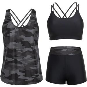 imageHolipick 3 Piece Tankini Swimsuits for Women Tummy Control Bathing Suits Swim Tank Top with Bra Boy Shorts Teen SwimwearCamo