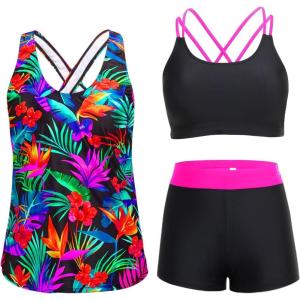 imageHolipick 3 Piece Tankini Swimsuits for Women Tummy Control Bathing Suits Swim Tank Top with Bra Boy Shorts Teen SwimwearColorful Leaves