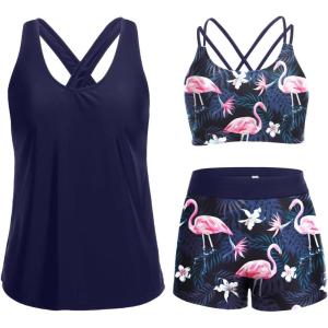 imageHolipick 3 Piece Tankini Swimsuits for Women Tummy Control Bathing Suits Swim Tank Top with Bra Boy Shorts Teen SwimwearFlamingo
