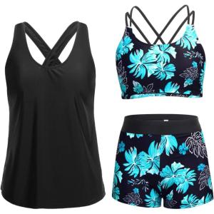 imageHolipick 3 Piece Tankini Swimsuits for Women Tummy Control Bathing Suits Swim Tank Top with Bra Boy Shorts Teen SwimwearGreen