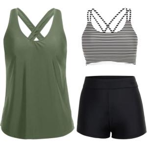imageHolipick 3 Piece Tankini Swimsuits for Women Tummy Control Bathing Suits Swim Tank Top with Bra Boy Shorts Teen SwimwearGreen Black Striped