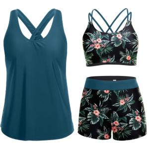 imageHolipick 3 Piece Tankini Swimsuits for Women Tummy Control Bathing Suits Swim Tank Top with Bra Boy Shorts Teen SwimwearGreen and Flower