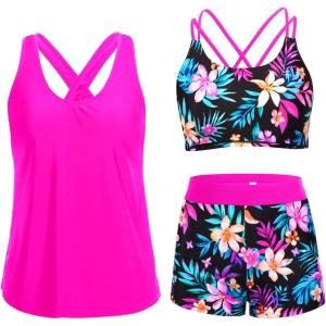 imageHolipick 3 Piece Tankini Swimsuits for Women Tummy Control Bathing Suits Swim Tank Top with Bra Boy Shorts Teen SwimwearPink Flower