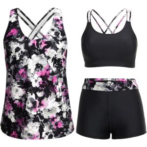 imageHolipick 3 Piece Tankini Swimsuits for Women Tummy Control Bathing Suits Swim Tank Top with Bra Boy Shorts Teen SwimwearPurple Flowers