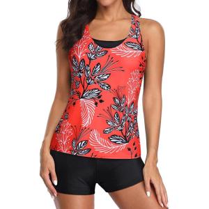 imageHolipick 3 Piece Tankini Swimsuits for Women Tummy Control Bathing Suits Swim Tank Top with Bra Boy Shorts Teen SwimwearRed