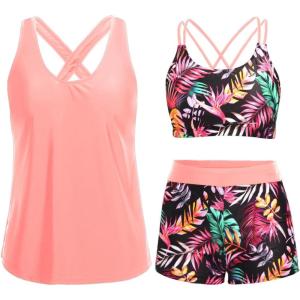 imageHolipick 3 Piece Tankini Swimsuits for Women Tummy Control Bathing Suits Swim Tank Top with Bra Boy Shorts Teen SwimwearRed Leaves