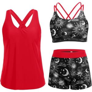 imageHolipick 3 Piece Tankini Swimsuits for Women Tummy Control Bathing Suits Swim Tank Top with Bra Boy Shorts Teen SwimwearSun and Moon