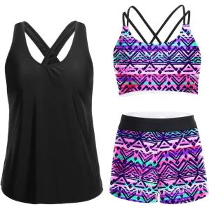 imageHolipick 3 Piece Tankini Swimsuits for Women Tummy Control Bathing Suits Swim Tank Top with Bra Boy Shorts Teen SwimwearTribal