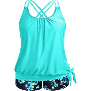 imageHolipick Women Plus Size Two Piece Tankini Swimsuit Tummy Control Bathing Suits Blouson Tankini Top with Boy ShortsAqua and Blue Flower