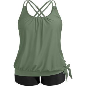 imageHolipick Women Plus Size Two Piece Tankini Swimsuit Tummy Control Bathing Suits Blouson Tankini Top with Boy ShortsArmy Green