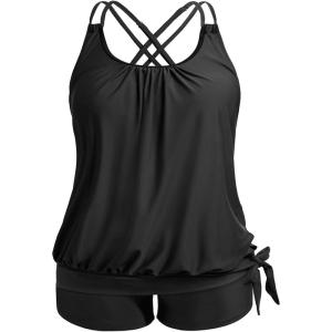 imageHolipick Women Plus Size Two Piece Tankini Swimsuit Tummy Control Bathing Suits Blouson Tankini Top with Boy ShortsBlack